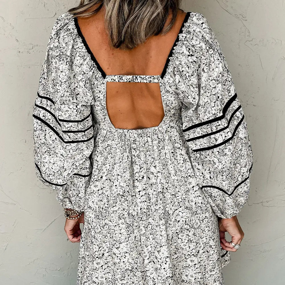 Gray Floral Print Open Back Balloon Sleeve Square Neck Mini Dress