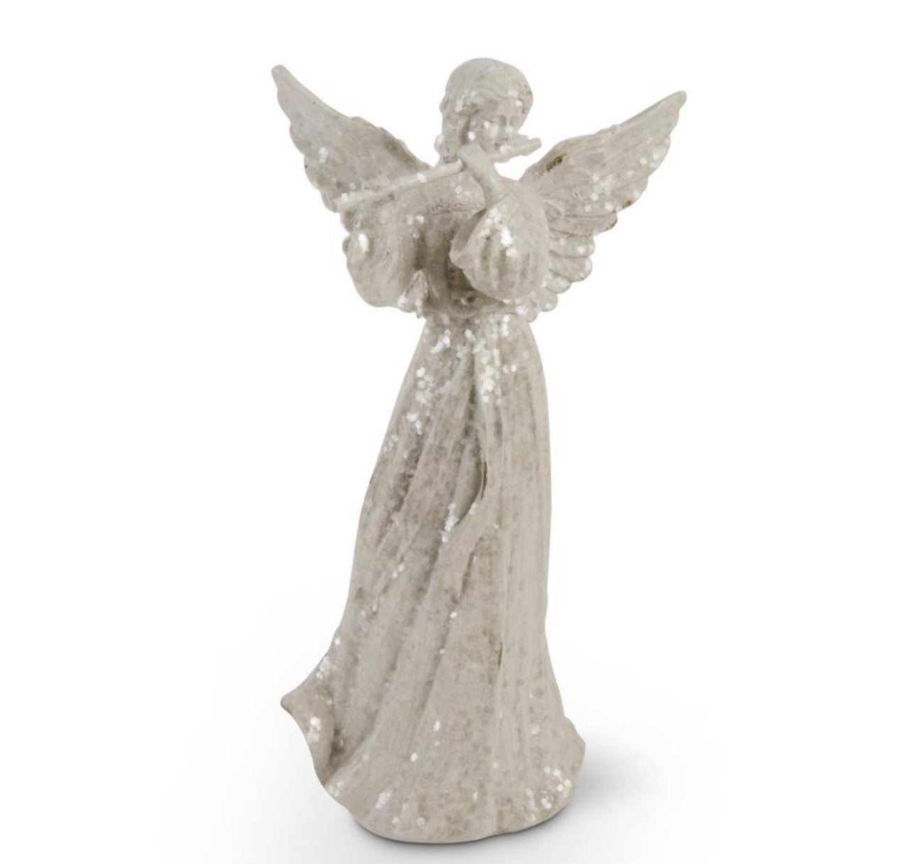 14.5 Inch White Glitter Angel w/ Flute