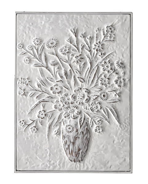 White Enamel Embossed Florals in Vase Wall Decor
