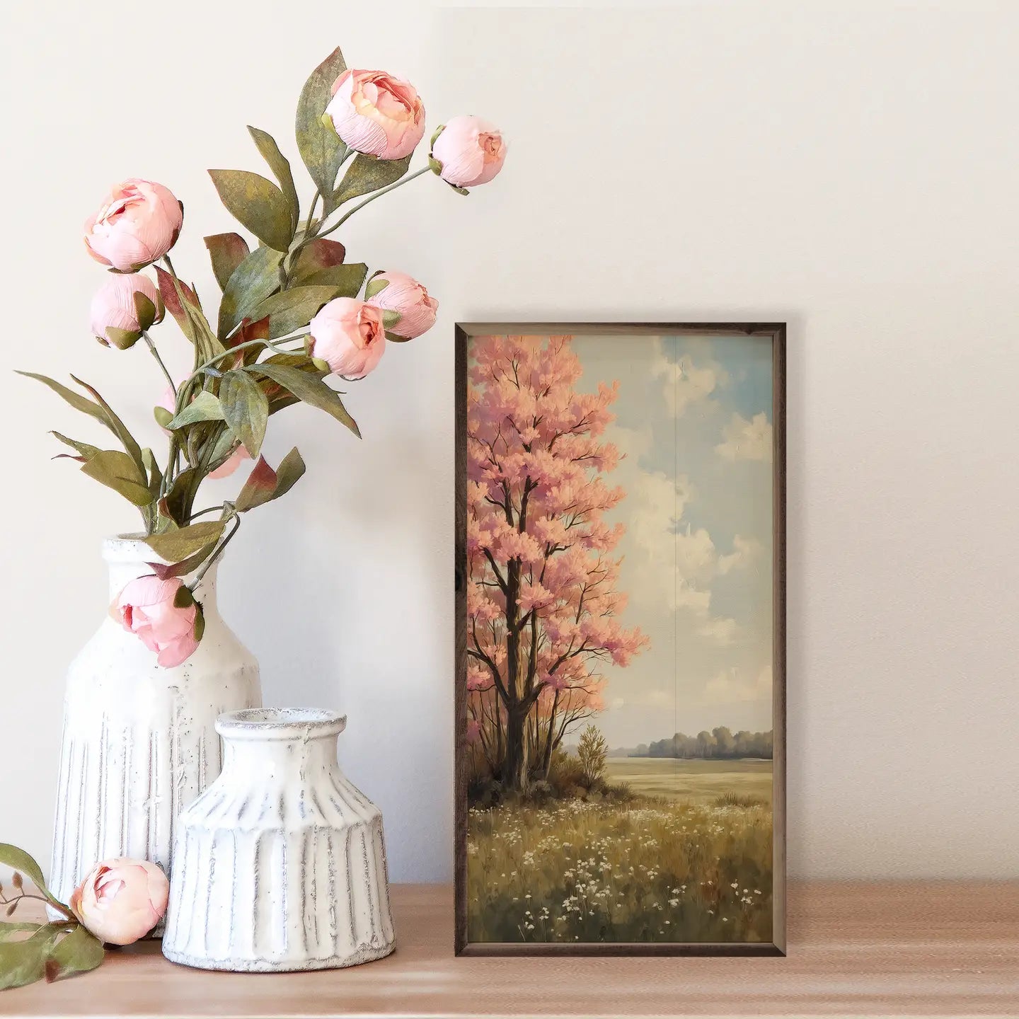 Pink Spring Tree Blossoming Wall Art (12x24 in)