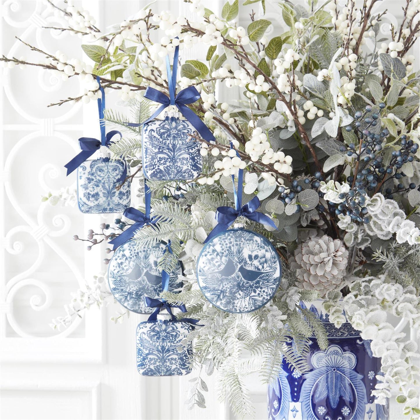 5 Inch Blue & White Floral Print w/Birds Flat Round Glass Ornament