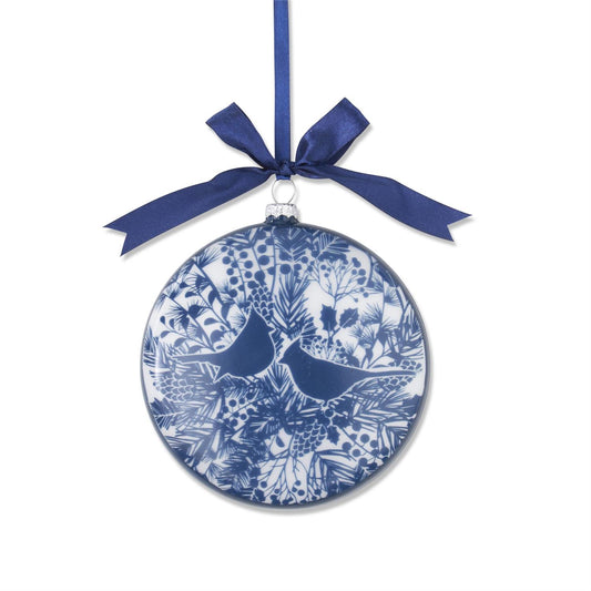 5 Inch Blue & White Floral Print w/Birds Flat Round Glass Ornament